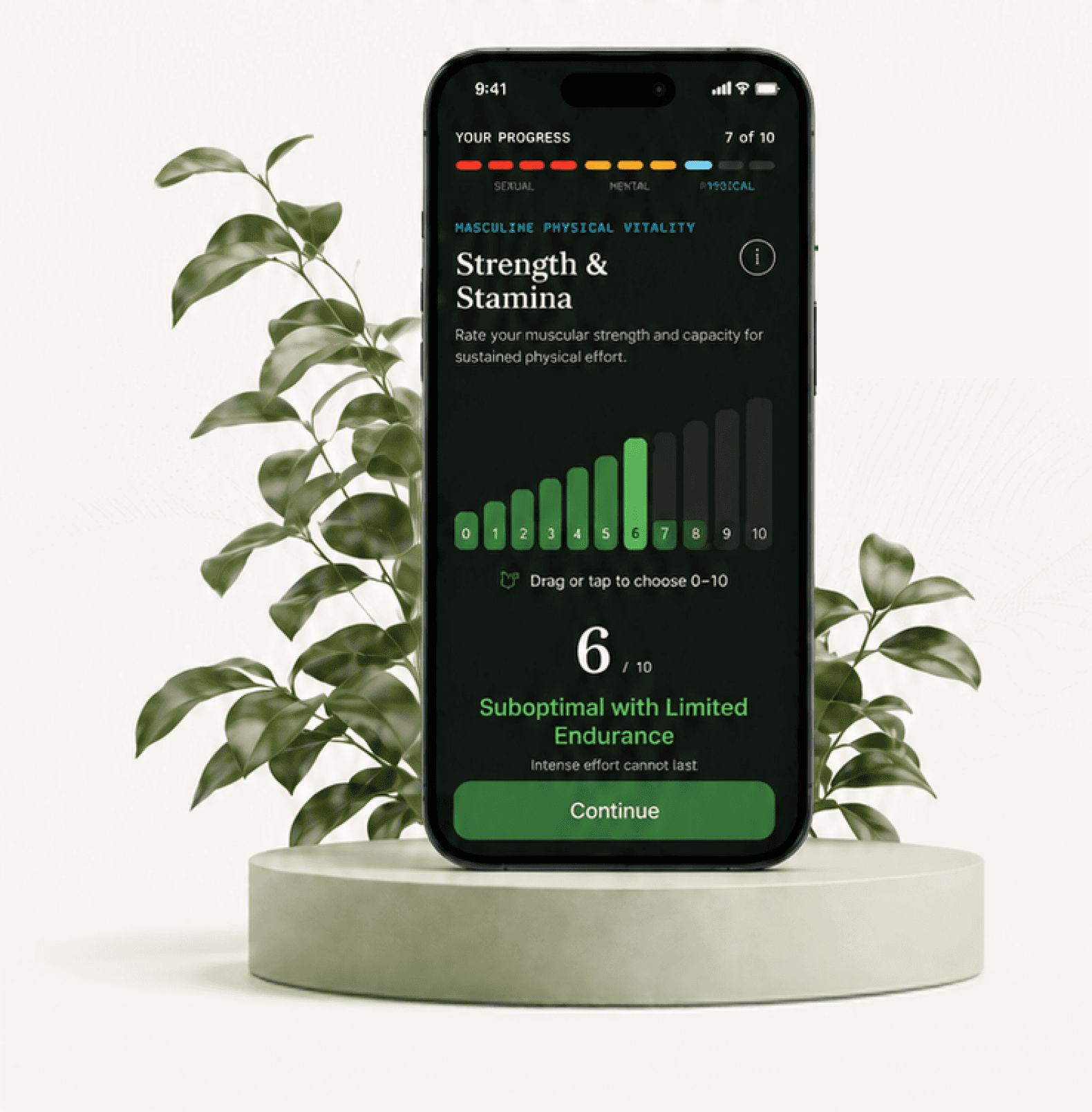 The T-SHOTS app open on a Vigor Score self-assessment screen, on a plant-flanked podium