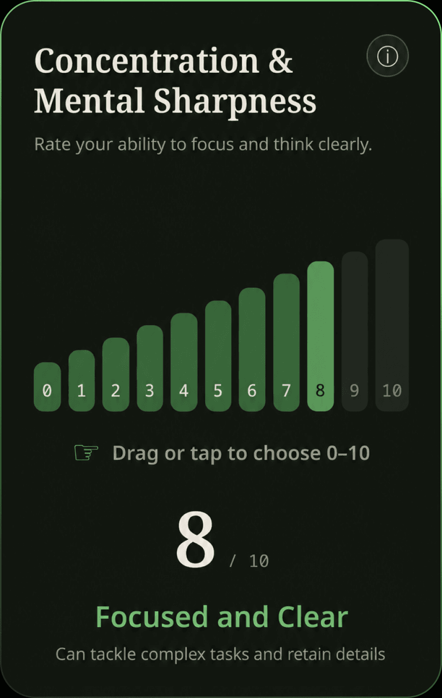 Vigor Score self-assessment screen rating a component from 0 to 10